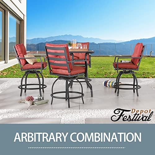 Festival Depot 5pcs Bar Bistro Outdoor Patio Furniture Set High Stool 360° Swivel Armrest Chairs with Comfort Cushion Square DPC Desktop Wood Grain Table Top Metal Steel Frame Leg All-Weather (Red) 