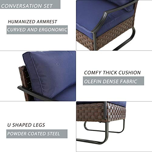 Festival Depot 6 Piece Patio Conversation Set Wicker Chair with Thick Cushions and Rattan Coffee Table All Weather Outdoor Furniture for Deck Lawn Backyard, Blue