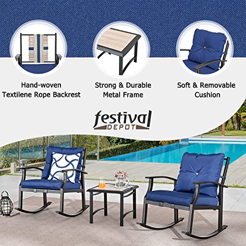 Festival Depot 3-Piece Patio Bistro Set Conversation Set Rocking Chair Set with Side Coffee Table Outdoor Furniture with Hand-Woven Textilene Rope Backrest (Black Metal Frame with Blue Cushion)
