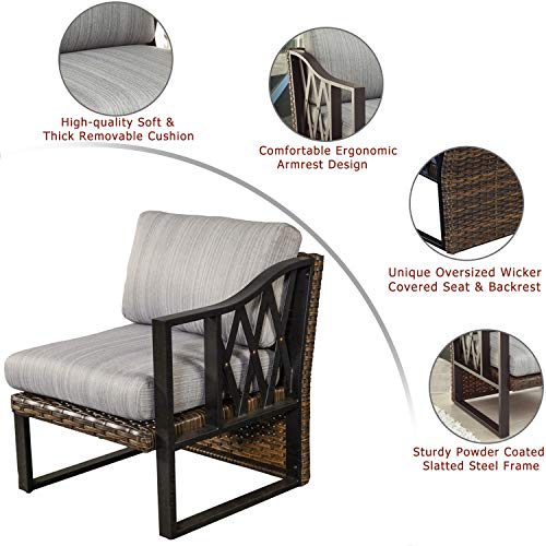 Festival Depot Dining Outdoor Patio Bistro Furniture Left Curved Armrest Section Chairs Wicker Rattan Premium Fabric Soft 5.5" Cushions with Metal Steel Frame Legs for Garden Poolside Lawn All-Weather 