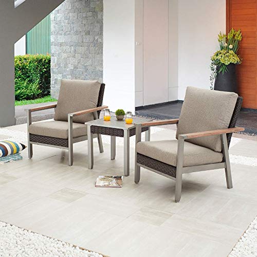 3-Pieces Patio Bistro Set Lounge Armchairs with Thick Cushions and Side Table in Metal Frame Outdoor Furniture for Deck 