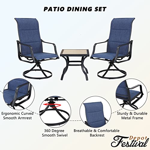 Stylish 3-Piece Outdoor 360° Swivel Armrests Dining Chairs Set with High Back Textilene Fabric and Square Coffee Table