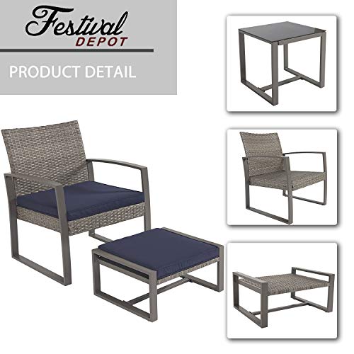 Festival Depot 5 Pieces Wicker Patio Furniture Set PE Wicker Rattan Outdoor Conversation with Cushion and Coffee Table for Deck Garden Balcony Porch (Blue)