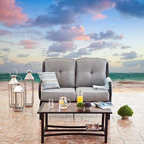 Festival Depot 2 Pieces Patio Loveseat Metal Frame with Coffee Table Set Conversation Premium Fabric Metal Frame Furniture Set Garden Bistro Seating Chair Thick&Soft Cushion (Loveseat, Grey)