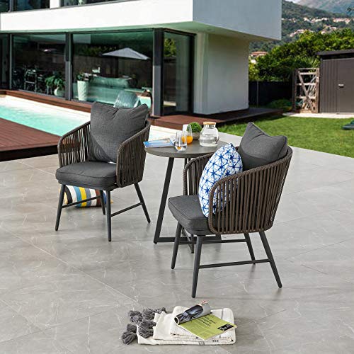 Festival Depot 3 Pcs Patio Bistro Set Outdoor Furniture with 2 Rattan Wicker Chair, Seat and Back Cushion and 1 Wood Grain Desktop Coffee Table