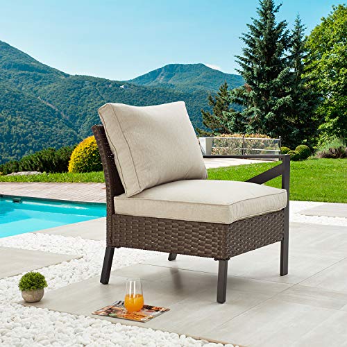 Festival Depot Outdoor Patio Bistro Dining Chairs Left Armrest Chair with X-Shaped Armrest Sofa Wicker Rattan with Thick Soft Cushion with Steel Frames for Garden Yard Poolside