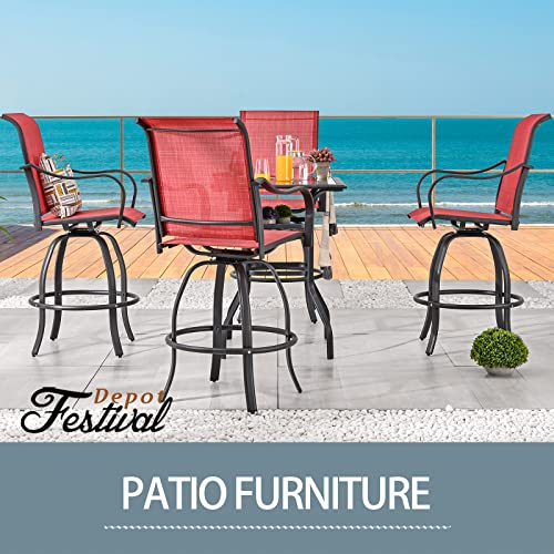 Festival Depot 3 Pcs Patio Bistro Bar Set High Stools Outdoor Furniture with 360° Swivel Armrest Chairs, Coffee Table with Tempered Glass Desktop, Metal Frame for Deck Poolside Garden Porch