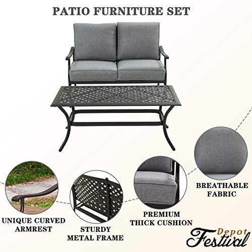 Festival Depot 2Pcs Patio Loveseat Set with Thick Cushions and Coffee Table Outdoor Metal Frame Seating Bench for Garden Bistro, Beige 