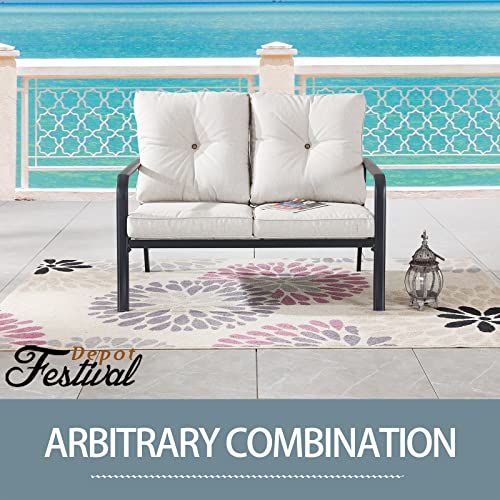 Festival Depot 1 Piece Patio Loveseat Outdoor Furniture, All-Weather 2-Seats Sofa with Curved Armrest, Metal Steel Frame and Detachable Seat & Back Cushion for Porch Balcony Deck Poolside, Beige 