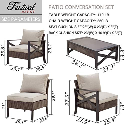 Festival Depot 6 Piece Patio Conversation Set Wicker Armchair with Thick Cushions and Rattan Coffee Table Metal Frame Outdoor Furniture for Porch Garden Backyard 