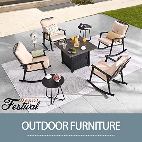 Festival Depot 7 Pieces Outdoor Fire Pit Table Set, Patio Conversation Set, Square Propane Gas Table, 4 PE Wicker Rocking Armchairs w/ Cushions and 2 Side Table Metal Furniture (Beige) 