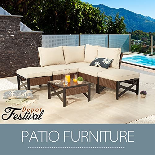 Festival Depot 1 Pieces Outdoor Patio Non-Armrest Chair Armless Sofa with Couch Cushions and Metal Frame Wicker Rattan Furniture for Garden Backyard Poolside Deck