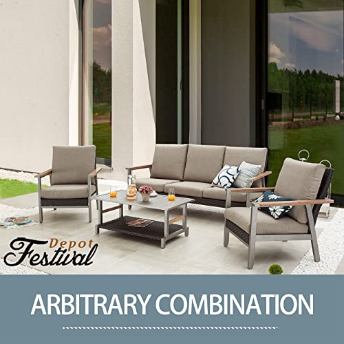 Sports Festival 14 Pieces Outdoor Sectional Sofa Furniture Set Include 6-Seats Dining Set, 5-Seats Loveseat Set Set with Metal Frame, Woven Wicker and Removable Back& Seat Cushions