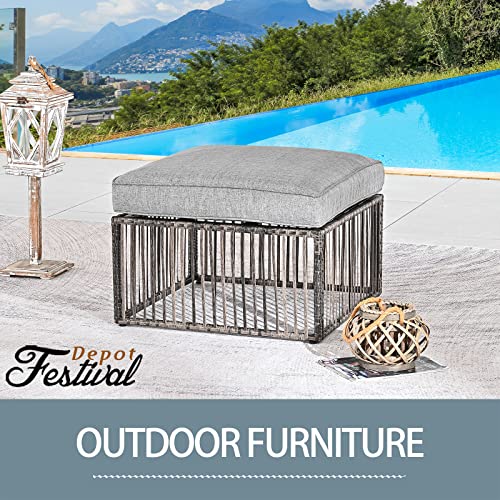 Festival Depot Wicker Patio Ottoman with Metal Footstool Thick Cushion, All-Weather Brown Rattan Waterproof Sectional Furniture for Balcony Garden Pool Lawn Backyard (Grey)