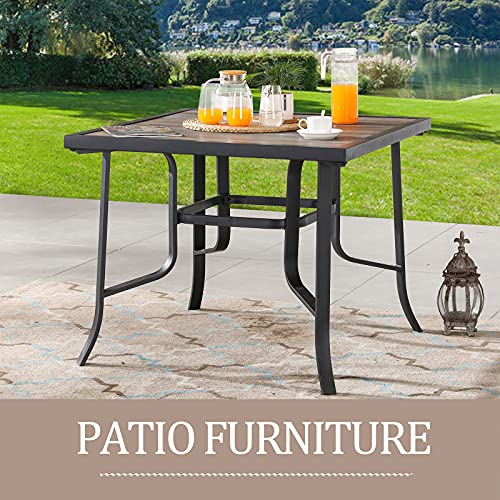 Festival Depot Outdoor Dining Table Black Metal Patio Table with Wood-Like DPC Tabletop and Curved Steel Legs Square Bar Height Bistro Table for Garden, Backyard and Porch