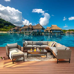 Festival Depot 10 Pieces Patio Conversation Set Outdoor Furniture Combination Sectional Corner Sofa Set All-Weather Woven Wicker Metal Chair with Cushions Side Coffee Table Ottoman, Gray
