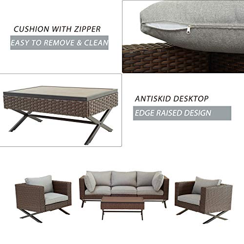 Festival Depot 6 Piece Patio Outdoor Furniture Conversation Set Wicker Rattan Armchair Corner Sofa and Coffee Table X Shaped Slatted Steel Leg for Porch Lawn Garden Balcony Pool Backyard (Grey) 