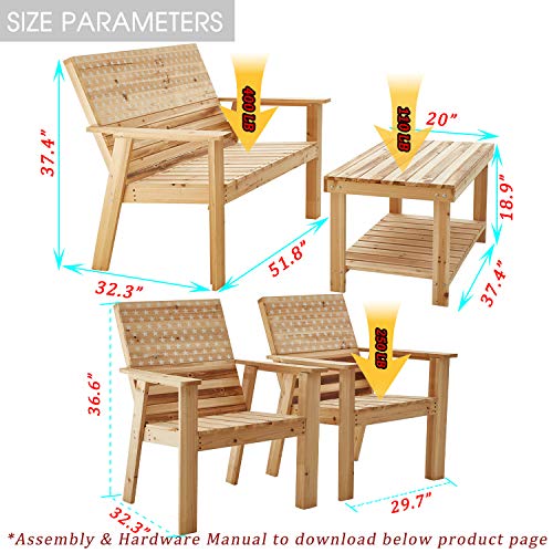 Festival Depot 4 Pieces Patio Furniture Outdoor Conversation Set Wood Armrest Loveseat Lounge Chair Stars and Strips Printing Dining Coffee Side Table 
