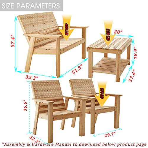 Festival Depot 4 Pieces Patio Furniture Outdoor Conversation Set Wood Armrest Loveseat Lounge Chair Stars and Strips Printing Dining Coffee Side Table