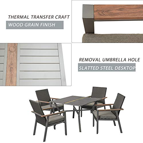 5-Piece Patio Dining Set 4 Rattan Wicker Chairs with Seat Cushions in Metal Frame with Square Dining Table 