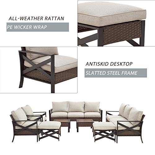 Festival Depot 12 Pcs Patio Outdoor Furniture Conversation Set Sectional Sofa with All-Weather Brown PE Rattan Wicker Back Chair, Ottoman, Coffee Table and Soft Thick Removable Couch Cushions