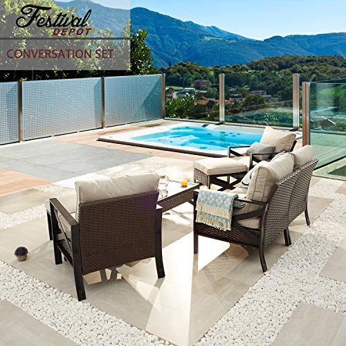 Festival Depot 7 Pcs Patio Outdoor Furniture Loveseat Conversation Set Sectional Sofa with All-Weather Brown Wicker Back Chair, Coffee Table, Ottoman and Removable Couch Cushions 