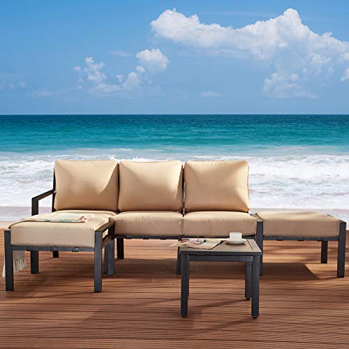 Festival Depot 6-Pieces Patio Outdoor Furniture Conversation Sets Sectional Sofa, All-Weather Black Slatted Back Chairs with Square Coffee Table, Ottoman and Removable Thick Soft Couch Cushions(Beige)