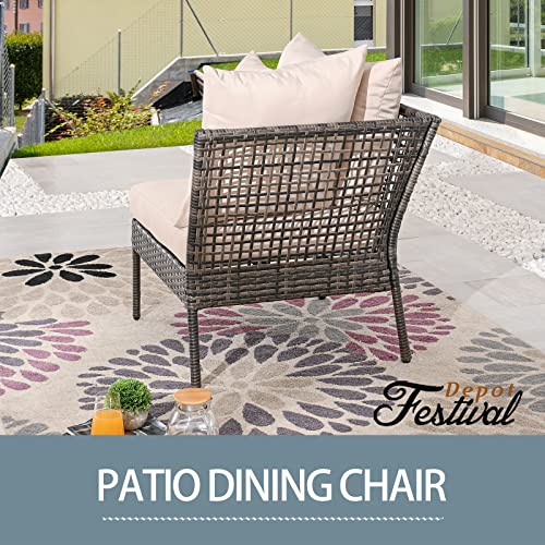 Festival Depot Patio Wicker Dining Chair, All-Weather Rattan Sectional Sofa Outdoor Furniture with Metal Frame Removable Seat & Back Cushion Pillow for Garden Pool Backyard Lawn (Beige)