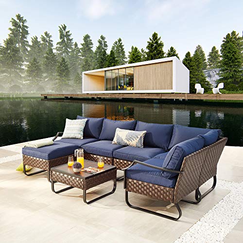 Festival Depot 7 Pieces Patio Outdoor Furniture Conversation Sets Chairs Sectional Corner Sofa, All-Weather Wicker Back Chair with Coffee Square Table and Thick Soft Removable Couch Cushions (Blue)