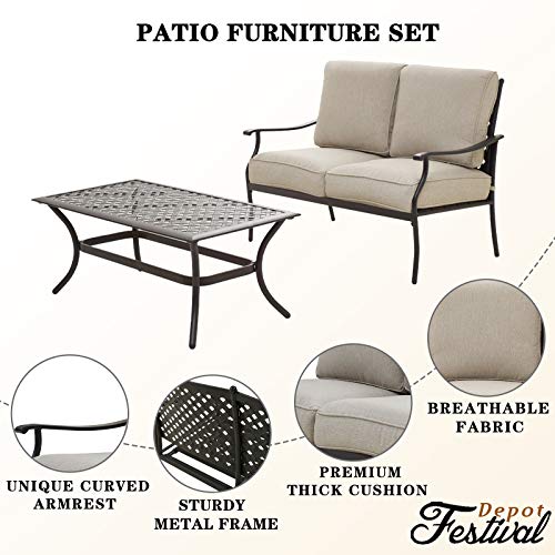 Festival Depot 2Pcs Patio Loveseat Set with Thick Cushions and Coffee Table Outdoor Metal Frame Seating Bench for Garden Bistro, Beige