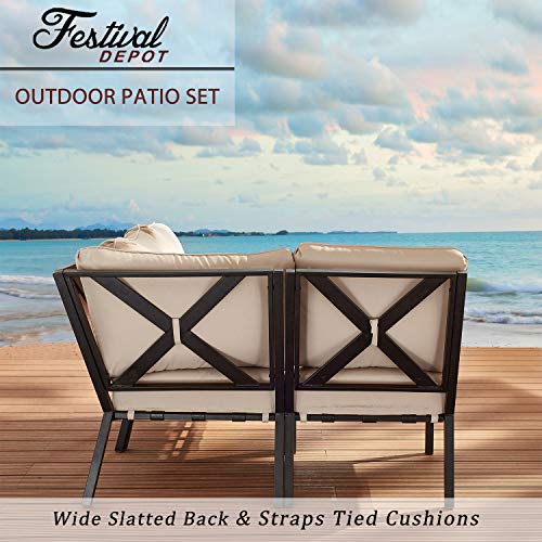 Festival Depot 3 Pieces Patio Sectional Corner Sofa Set Outdoor All-Weather Metal Chairs with Seating Back Cushions Garden Poolside(Beige) 