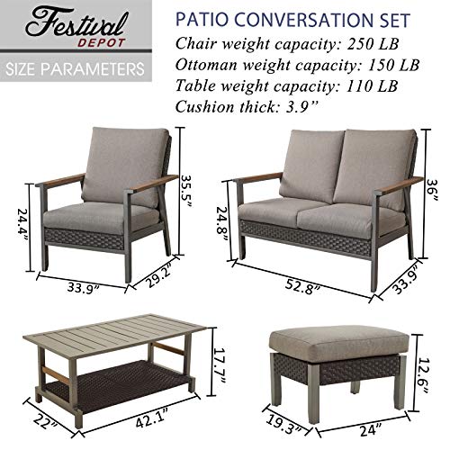 Festival Depot 4pcs Patio Conversation Set All Weather Wicker Chair Rattan Ottoman Loveseat with Grey Thick Cushions and Coffee Table in Metal Frame Outdoor Furniture for Deck Poolside