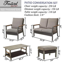 Festival Depot 4pcs Patio Conversation Set All Weather Wicker Chair Rattan Ottoman Loveseat with Grey Thick Cushions and Coffee Table in Metal Frame Outdoor Furniture for Deck Poolside