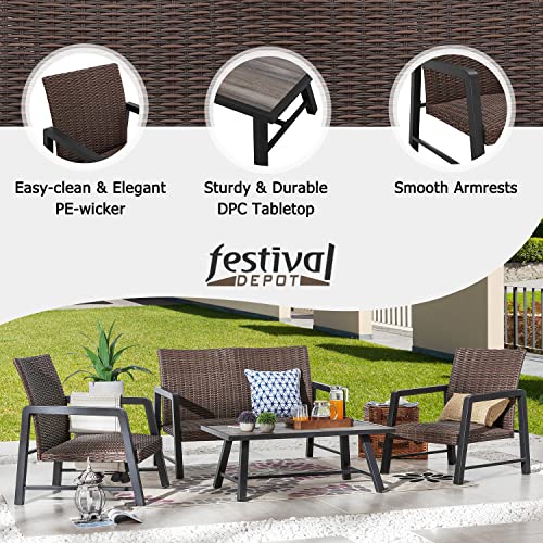 Festival Depot 4Pcs Patio Conversation Set, PE Wicker Bistro Set, All-Weather Outdoor Furniture, with 1 Loveseat 2 Armchair and 1 DPC Coffee Table for Backyard Porch Lawn Deck Garden