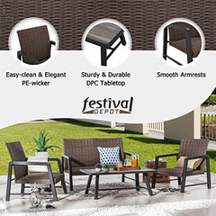 Festival Depot 4Pcs Patio Conversation Set, PE Wicker Bistro Set, All-Weather Outdoor Furniture, with 1 Loveseat 2 Armchair and 1 DPC Coffee Table for Backyard Porch Lawn Deck Garden