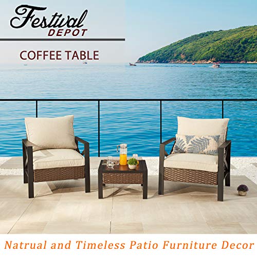 Festival Depot Metal Outdoor Side Coffee End Table Patio Bistro Living Room Dining Table Wood Grain Top Wicker Rattan Furniture with Side X Shaped Slatted Steel Legs Brown Black 