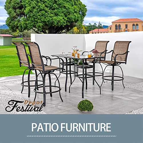 Festival Depot 3 Pcs Patio Bistro Bar Set High Stools Outdoor Furniture with 360° Swivel Armrest Chairs, Coffee Table with Tempered Glass Desktop, Metal Frame for Deck Poolside Garden Porch