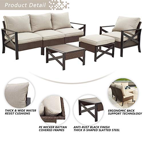 Festival Depot 6pc Patio Conversation Set Sectional Corner Sofa Set Outdoor All-Weather Wicker Metal Chairs with Seating Back Cushions Side Coffee Table Ottoman Garden Poolside 