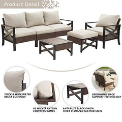 Festival Depot 6pc Patio Conversation Set Sectional Corner Sofa Set Outdoor All-Weather Wicker Metal Chairs with Seating Back Cushions Side Coffee Table Ottoman Garden Poolside
