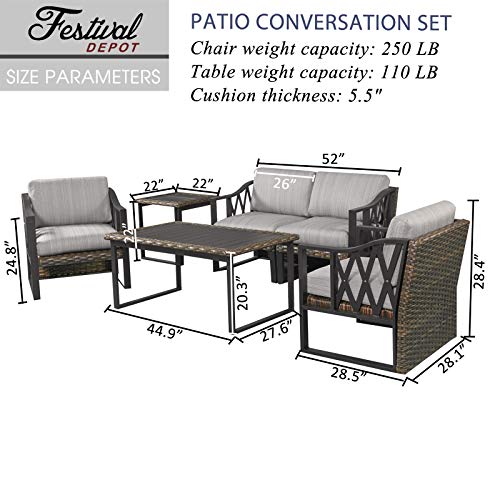 Festival Depot 6pcs Outdoor Furniture Patio Conversation Set Sectional Sofa Chairs All Weather Brown Rattan Wicker Slatted Coffee Table End Table with Grey Thick Seat Back Cushions, Black