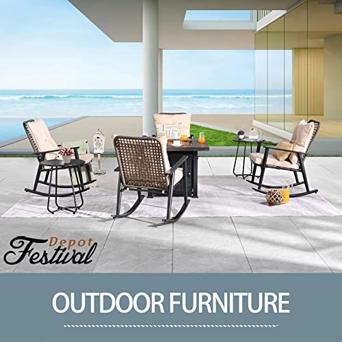 Festival Depot 7 Pieces Outdoor Fire Pit Table Set, Patio Conversation Set, Square Propane Gas Table, 4 PE Wicker Rocking Armchairs w/ Cushions and 2 Side Table Metal Furniture (Beige) 