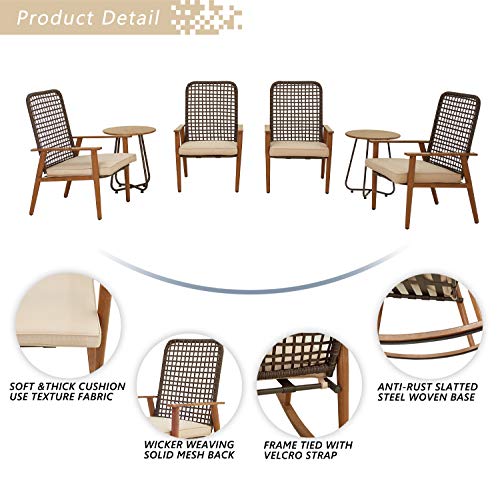 Festival Depot 6 Pieces Patio Outdoor Furniture Conversation Set with Metal Side Coffee Side Table Wooden-Color Steel Wicker Weaving Mesh Back Armchair with Cushions (Khaki) 