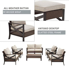 Festival Depot 9 Pcs Patio Outdoor Furniture Conversation Set Sectional Sofa with All-Weather Brown PE Rattan Wicker Back Chair, Coffee Side Table and Soft Thick Removable Couch Cushions
