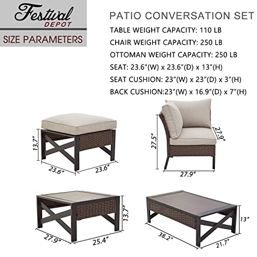 Festival Depot 6 Pieces Patio Furniture Set All-Weather Rattan Wicker Metal Frame Sofa Chair Outdoor Conversation Set Sectional Corner Couch with Cushions and Coffee Table for Deck Poolside 