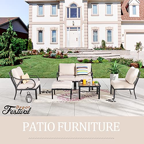 Festival Depot 6pcs Patio Conversation Set Sectional Metal Chairs with Cushions Ottoman and Coffee Table All Weather Outdoor Furniture for Garden Backyard Balcony, Beige 