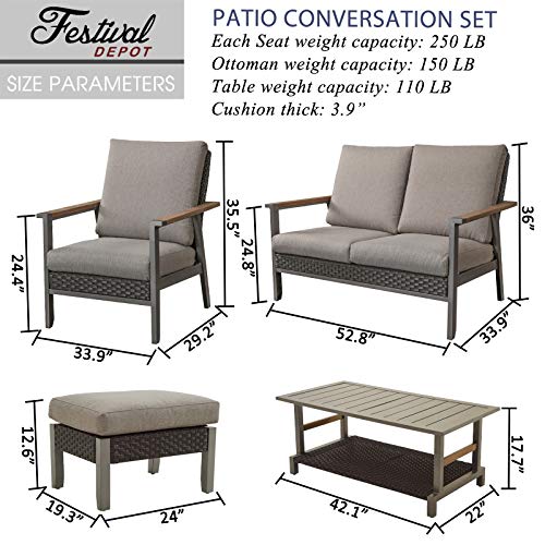 Festival Depot 6pcs Outdoor Furniture Patio Conversation Set Metal Armchair All Weather Rattan Wicker Ottoman Loveseat with Grey Thick Seat Back Cushions and Coffee Table 