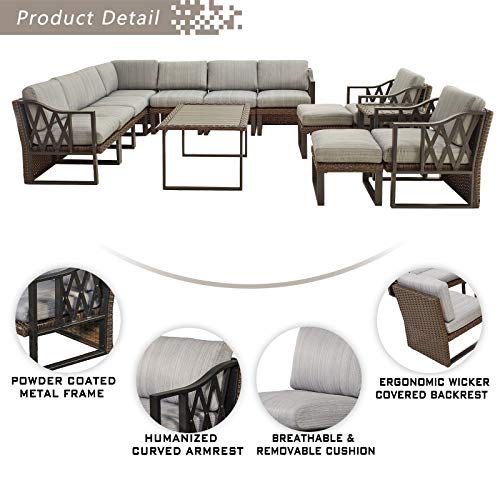 Festival Depot 13Pc Outdoor Furniture Patio Conversation Set Sectional Corner Sofa Chairs All Weather Wicker Ottoman Metal Frame Slatted Coffee Table with Thick Grey Seat Back Cushions Without Pillows 