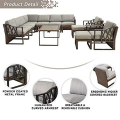 Festival Depot 13Pc Outdoor Furniture Patio Conversation Set Sectional Corner Sofa Chairs All Weather Wicker Ottoman Metal Frame Slatted Coffee Table with Thick Grey Seat Back Cushions Without Pillows