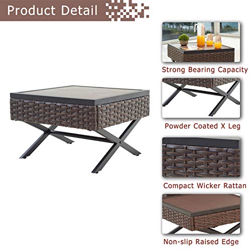 Festival Depot 7pcs Outdoor Furniture Patio Conversation Set Sectional Corner Sofa Chairs with X Shaped Metal Leg All Weather Brown Rattan Wicker Ottoman Side Coffee Table with Grey Seat Back Cushions 