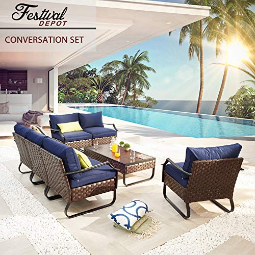 Festival Depot 7 Pieces Patio Conversation Sets Loveseat Outdoor Furniture Sectional Sofa with All-Weather PE Rattan Wicker Back Armchair, Coffee Table and Soft Removable Couch Cushions (Blue) 